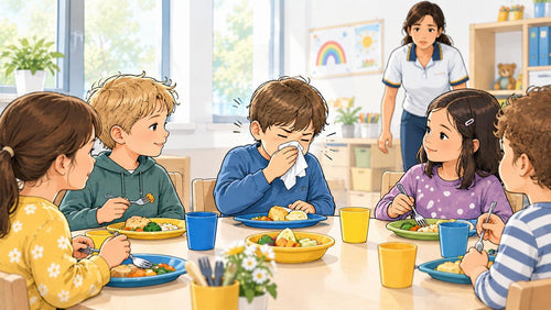 Kinder sitzen beim Mittagessen in der Kita, ein Kind niest in ein Taschentuch