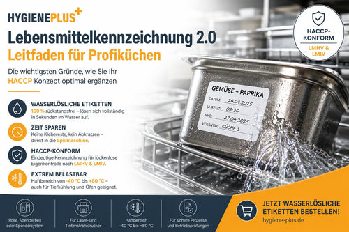 Wasserlösliche Etiketten auf Rolle neben GN-Behälter aus Edelstahl – professionelle Lebensmittelkennzeichnung für Gastronomie und HACCP-konforme Betriebe