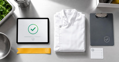 Laptop mit Schulungsabschluss-Zertifikat auf Edelstahl-Küchenoberfläche, daneben Klemmbrett und Stift – digitale Hygieneschulung im Gastronomiebetrieb