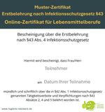 Musterzertifikat Online-Kurs zur Erstbelehrung nach dem Infektionsschutzgesetz §43 mit Zertifikat für Lebensmittelberufe.