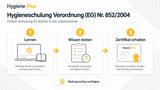 Digitale Online Hygieneschulung nach Verordnung (EG) Nr. 852/2004 mit Fokus auf Personalhygiene, Arbeitsplatzhygiene, Lebensmittellagerung und sofortigem Zertifikat in 4 Sprachen für Lebensmittelbetriebe